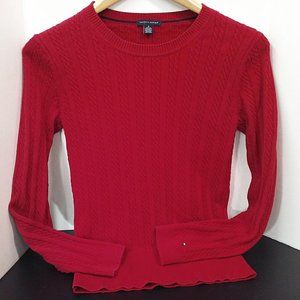 Y2k-2008 Tommy Hilfiger Ribbed Cable Knit Crewneck Sweater Ladies -M Cotton Red